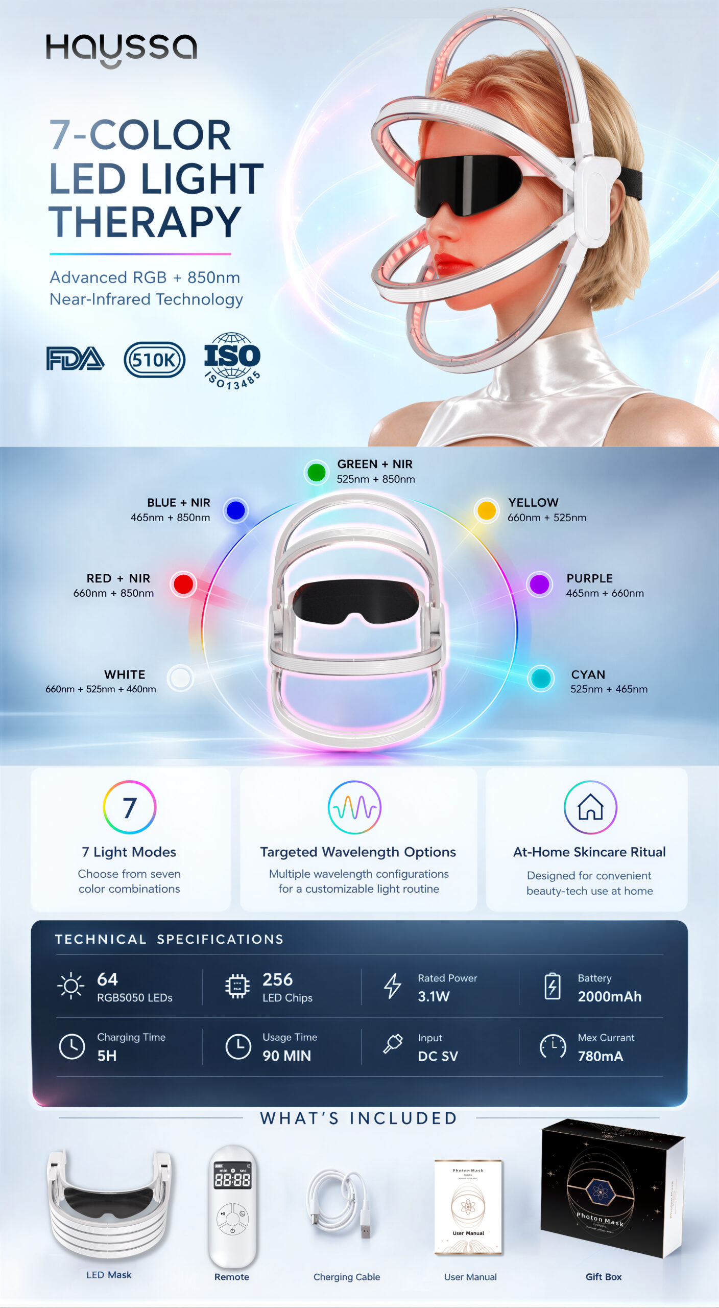 Hayssa seven-color LED light therapy mask for face and skin care