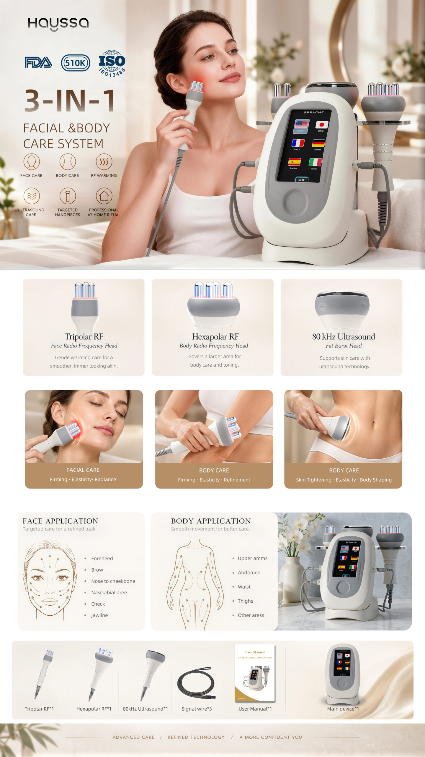 Hayssa three-in-one facial and body care beauty device system