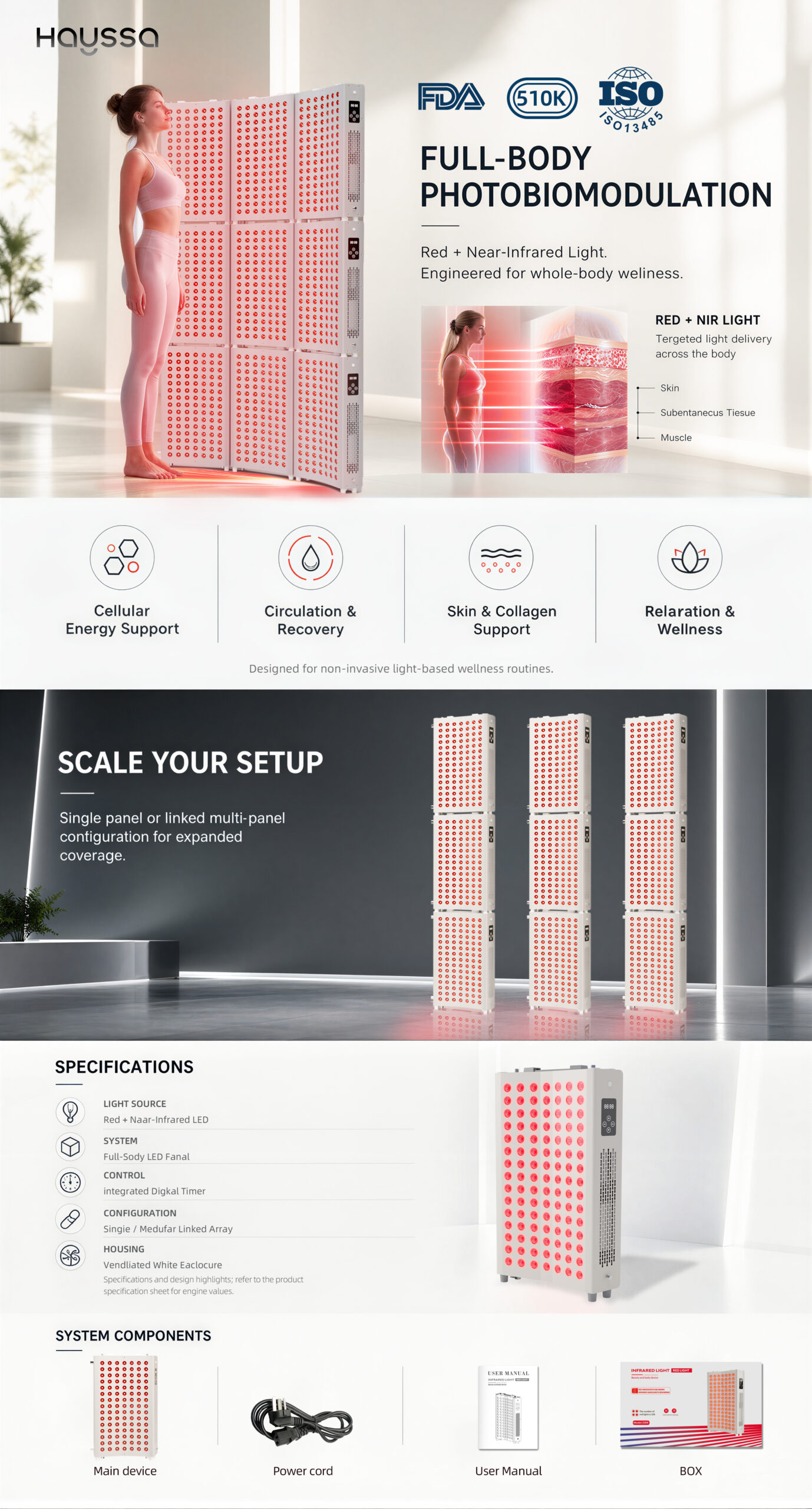Hayssa full-body photobiomodulation light therapy panel for professional beauty care