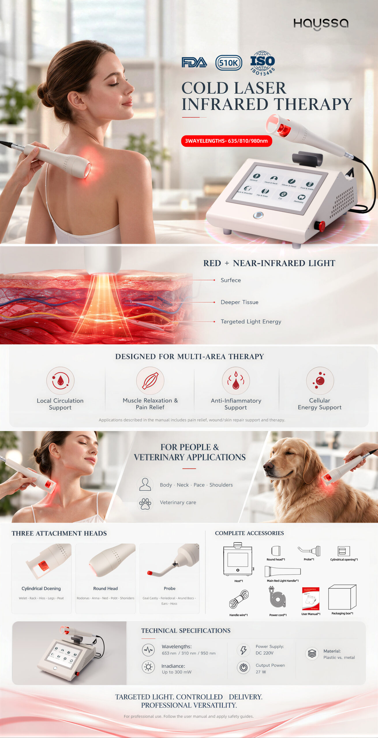 Hayssa cold laser and near-infrared therapy device for professional aesthetic treatment