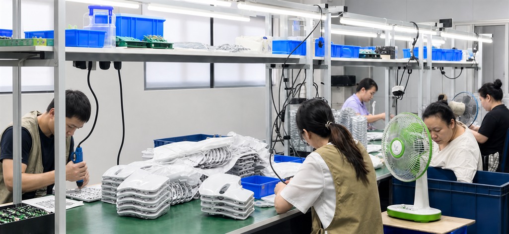 Beauty device assembly line and quality control team in a modern manufacturing facility
