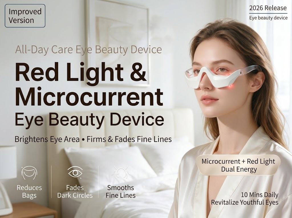 Wearable 650 nm red light EMS eye beauty device in glasses-style design