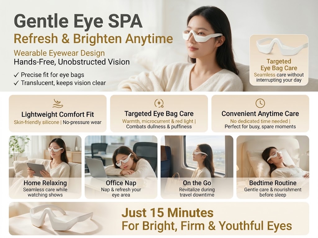 Woman wearing the All-Day eye device for home, office, travel and bedtime routines