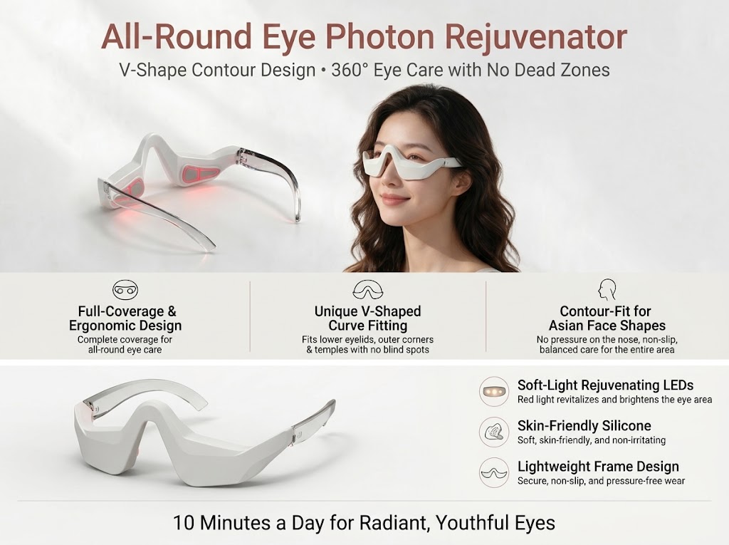 Open-vision glasses-style eye beauty device showing ergonomic fit