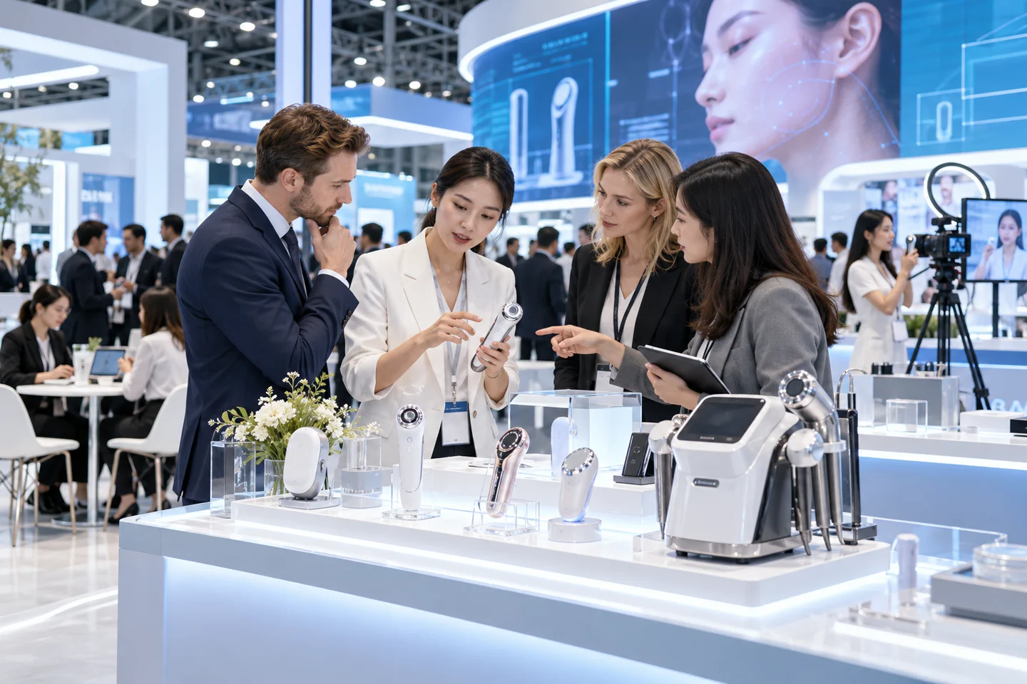 International buyers reviewing beauty devices at a beauty technology exhibition